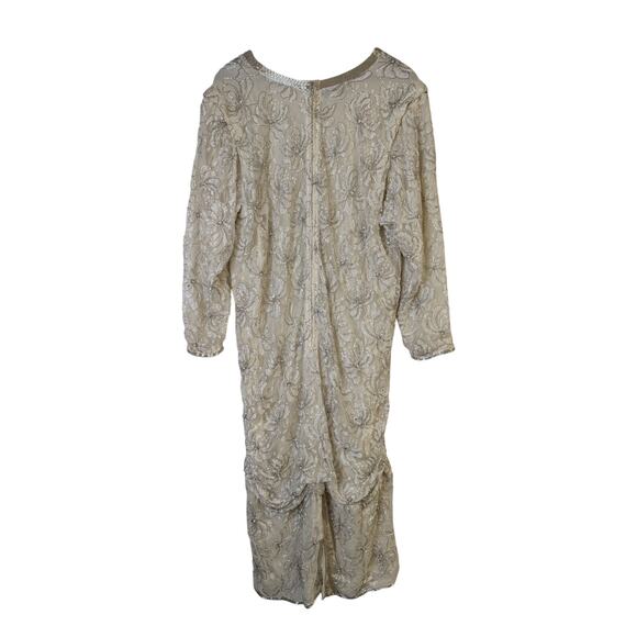 Vtg Judith Ann Plus Beaded Formal Gown Womens 16 Cream Silver Drop Waist Ruching - Picture 6 of 11